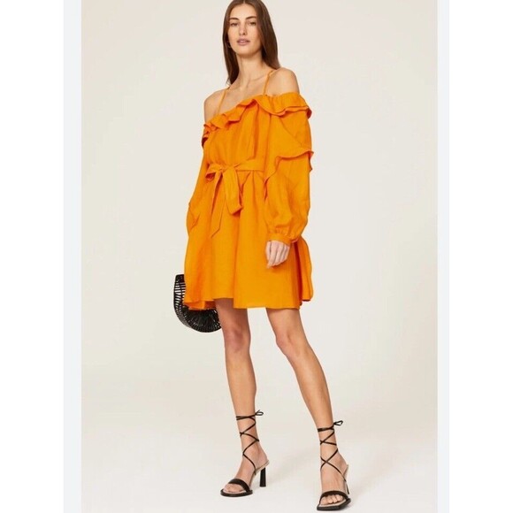 Revolve Marissa Webb Belted Dress Linen Sz 4 Colorful Orange Flirty Coquette - Picture 1 of 9